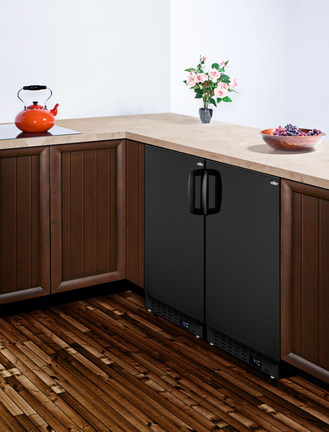 Built-in undercounter ADA compliant residential all-refrigerator in black with door storage and automatic defrost operation